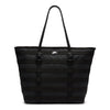 The NIKE RPM TOTE (26L) BLACK is a durable, large tote bag with double handles, horizontal woven details, and a small Nike logo. Made from recycled polyester, it's ideal for daily use and fits your laptop comfortably.