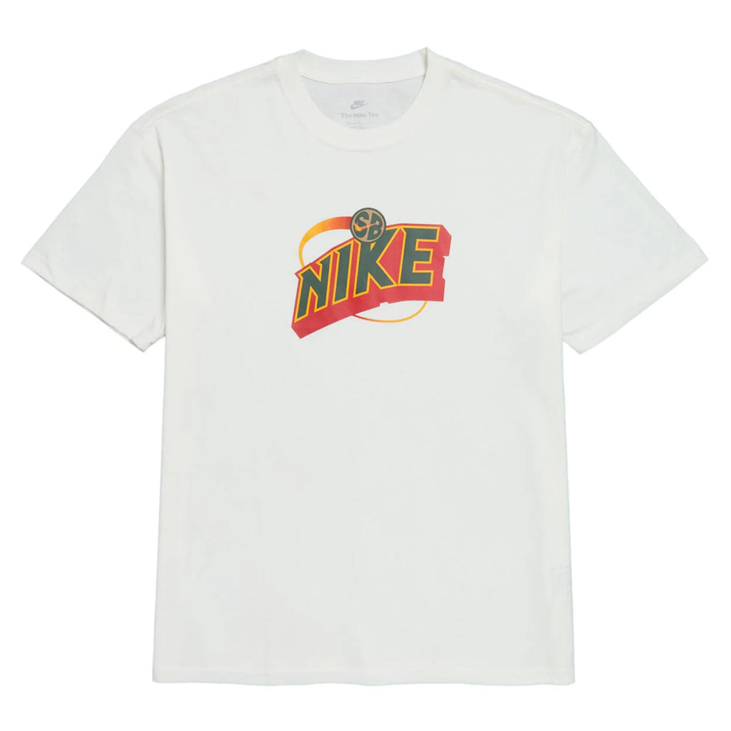 White NIKE SB Sonics Max90 Tee showcasing a retro-style Nike SB logo in red and yellow on the front.