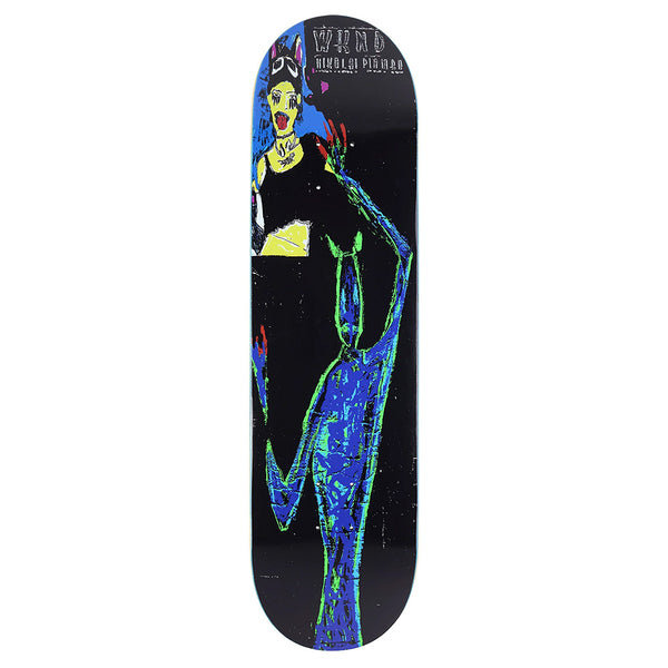 The WKND NIKOLAI PIOMBO SD3 8.25 skateboard deck by WKND features mellow concave and abstract, colorful artwork of two figures—one blue and one with a yellow face—on a black background. This is the Nikolai Piombo Pro Model.