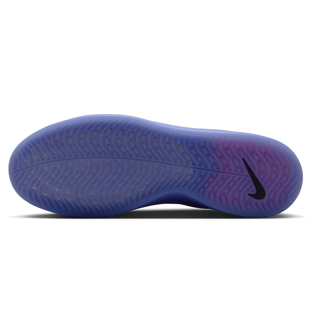 The image features the NIKE SB NYJAH 4 LT THISTLE / BLACK-LT THISTLE-WOLF GREY-HYPER PINK by nike, showcasing a translucent purple sole with a black swoosh near the heel and emphasizing its lightweight durability.