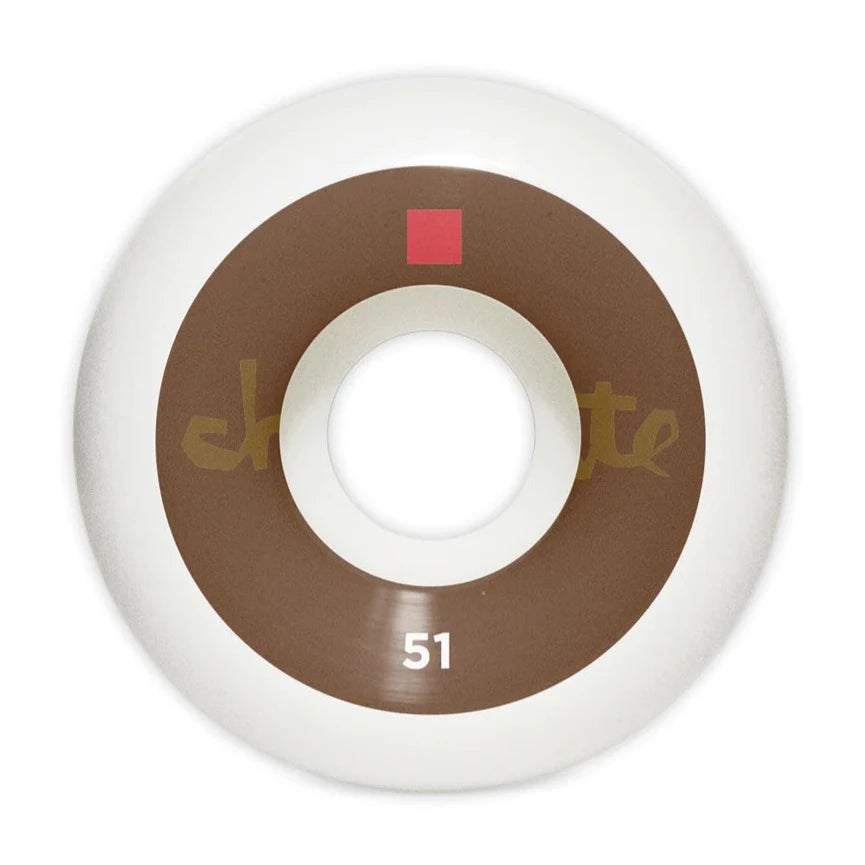 A skateboard wheel with the brand name CHOCOLATE CHUNK OG 51MM 99A CONICAL on it.