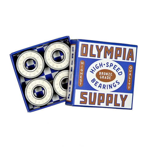 The OLYMPIA SUPPLY BRONZE HIGH-SPEED BEARINGS is a box of bearings with precision steel balls, containing four pieces in a blue and white package.