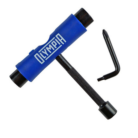 The OLYMPIA SUPPLY SKATE TOOL, by OLYMPIA, is a blue tool with a truck axle socket and handle, complete with a black textured grip. It includes an additional black L-shaped key for versatility.
