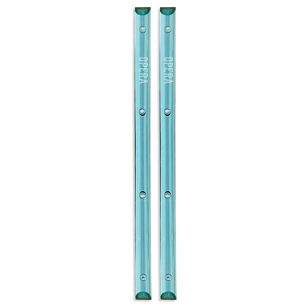 Two 14.5" OPERA ICE BLUE CLEAR RAILS by OPERA, each in blue with the word "OPERA" printed on them and evenly spaced screw holes along their length.