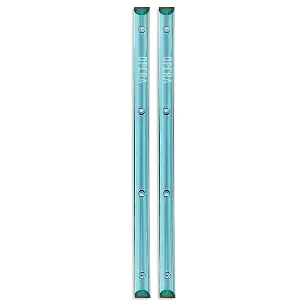 Two 14.5" OPERA ICE BLUE CLEAR RAILS by OPERA, each in blue with the word "OPERA" printed on them and evenly spaced screw holes along their length.