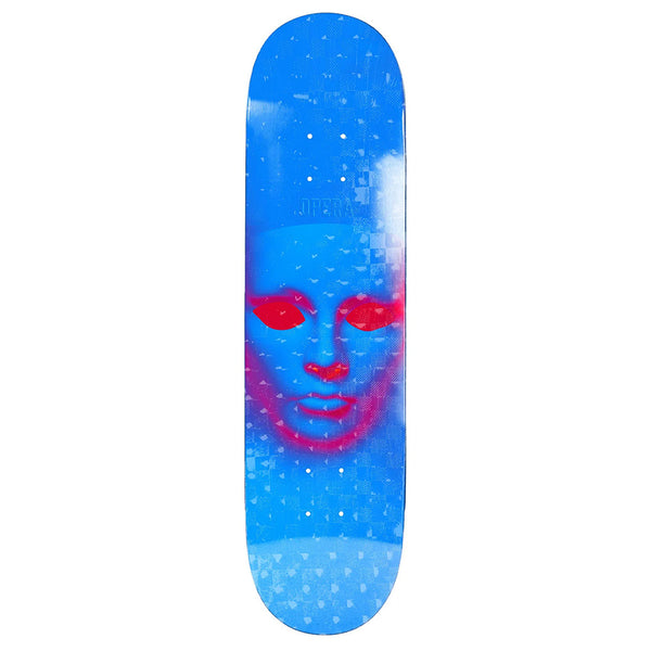 The OPERA FACE EX7 BLUE / HOLOGRAPHIC by OPERA is a blue 7-ply maple skateboard deck with a pink and blue face mask graphic at the center.