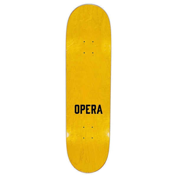 A blue 7-ply maple skateboard deck by OPERA, named "OPERA FACE EX7 BLUE / HOLOGRAPHIC," featuring the word "OPERA" in bold black capital letters at the center.