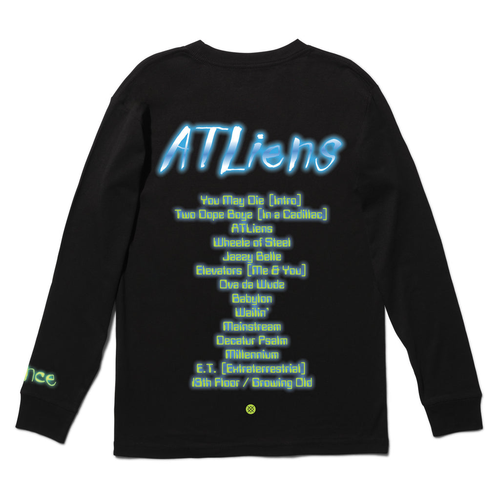 STANCE X OUTKAST LONG SLEEVE BLACK from the STANCE collection, featuring "ATLiens" in neon blue and green text on the back, with a tracklist printed below. Small details are also in neon green.