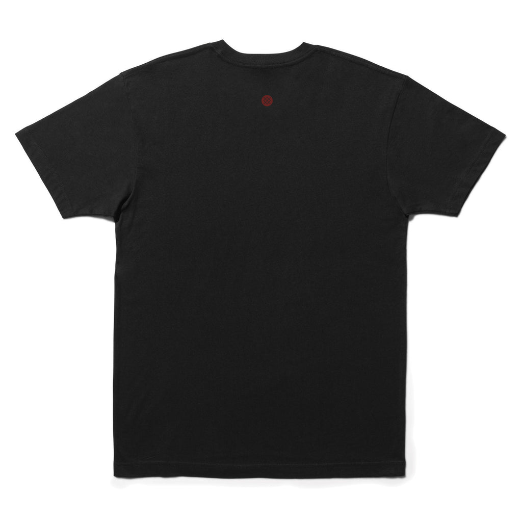 Back view of a plain black STANCE X OUTKAST TEE BLACK by STANCE, featuring a small red dot near the collar.