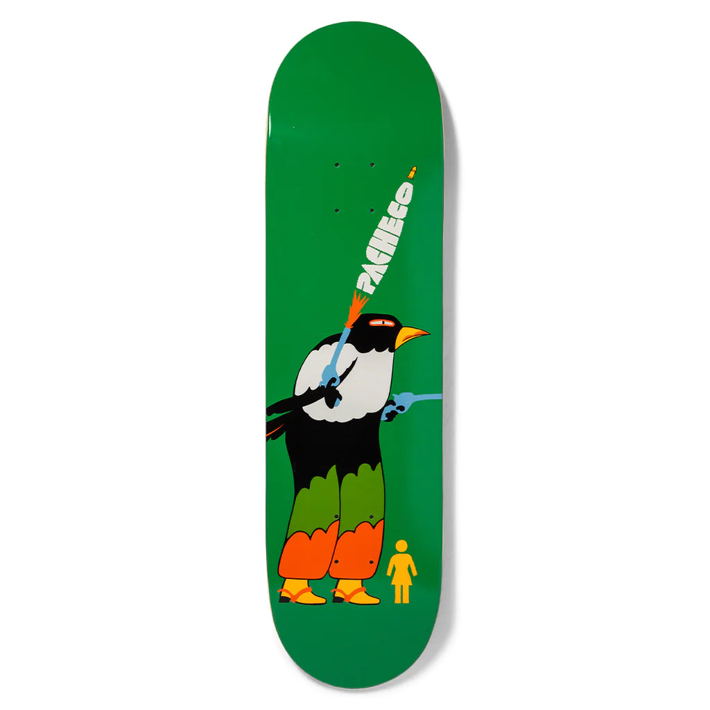 A GIRL PACHECO BIRDMAN skateboard with an image of a bird holding a gun.