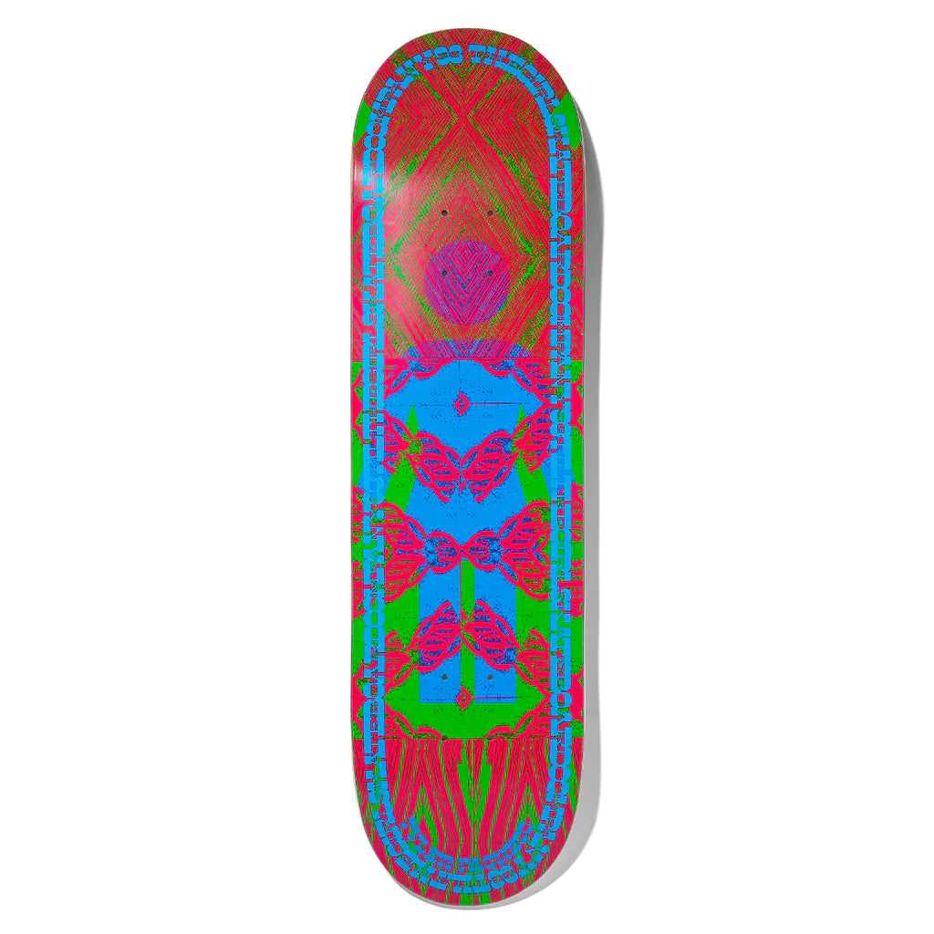 A GIRL skateboard with a red, blue and green design.
