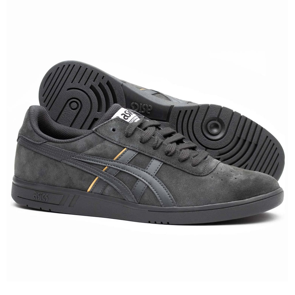 Grey and gold ASICS suede trainers featuring GEL-VICKKA PRO technology.