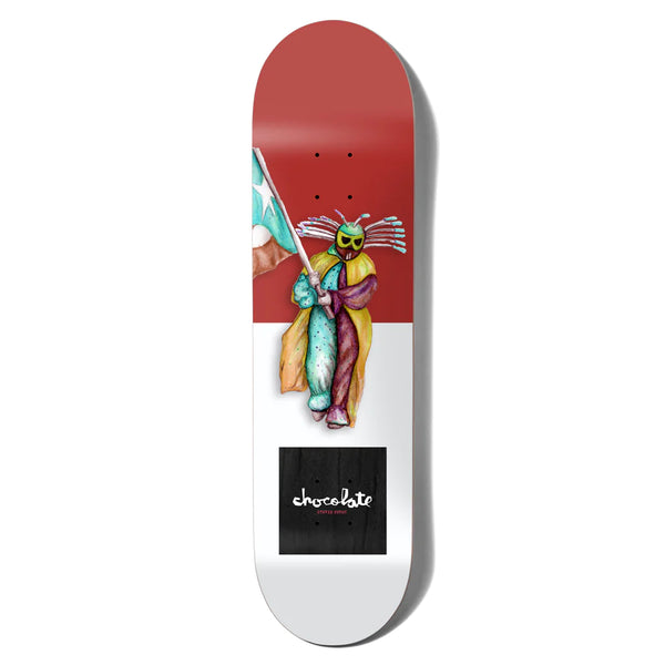 A CHOCOLATE skateboard deck with an image of a man holding a sword.