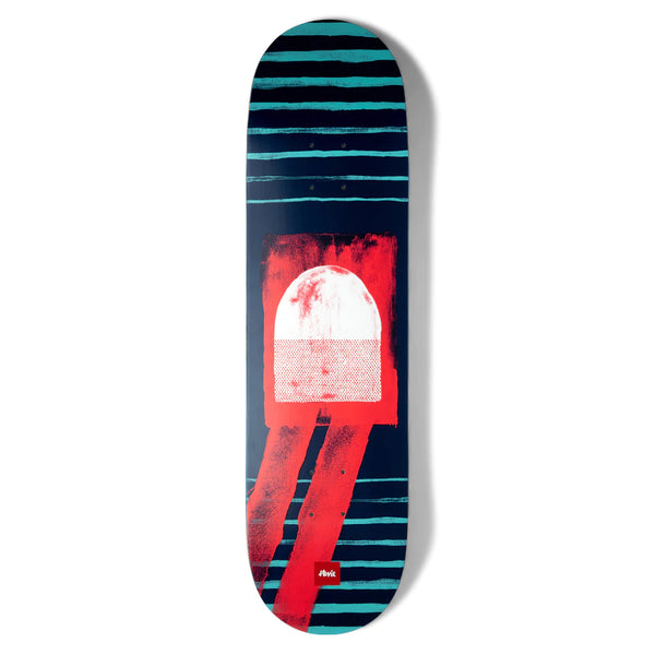 A CHOCOLATE skateboard with a red and blue design on it.