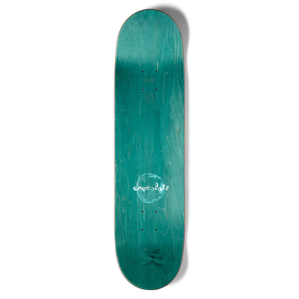 A green CHOCOLATE skateboard with a white CHOCOLATE logo on it.