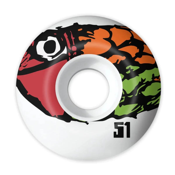 A GIRL skateboard wheel with a fish on it.