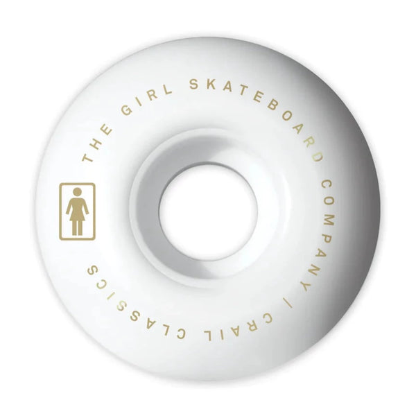 The GIRL logo on a white GIRL skateboard wheel.