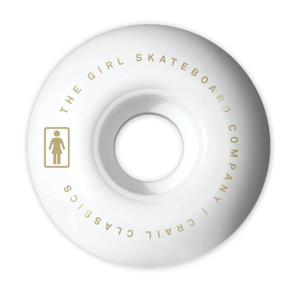 The GIRL skateboard company logo on a white GIRL PICTOGRAPH STAPLE 51MM 99A skateboard wheel.