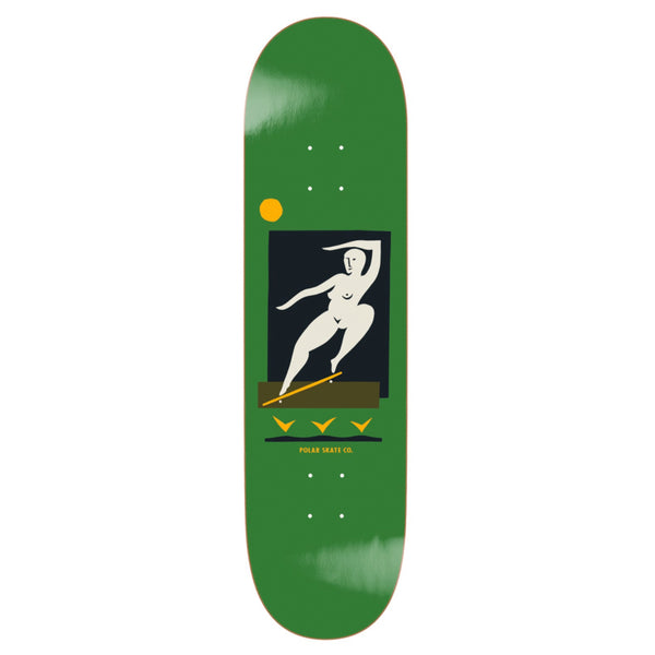 The POLAR BS SMITH GREEN skateboard deck by POLAR features minimalist art of a stylized nude figure and yellow sun, with "Polar Skate Co." text below. Designed by Pontus Alv for the BS SMITH series.