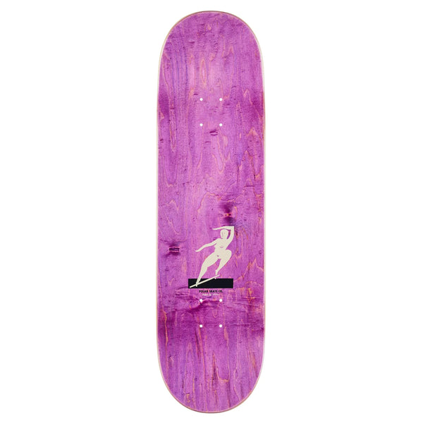 The POLAR BS SMITH CREAM skateboard deck by POLAR features a purple wooden design with a white silhouette of a dancing figure and small text below, displayed on a white background.