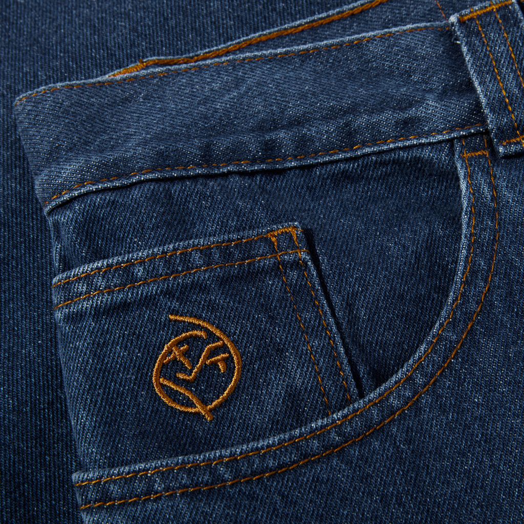 A close up of the pocket of a pair of POLAR BIG BOY DARK BLUE jeans by POLAR.