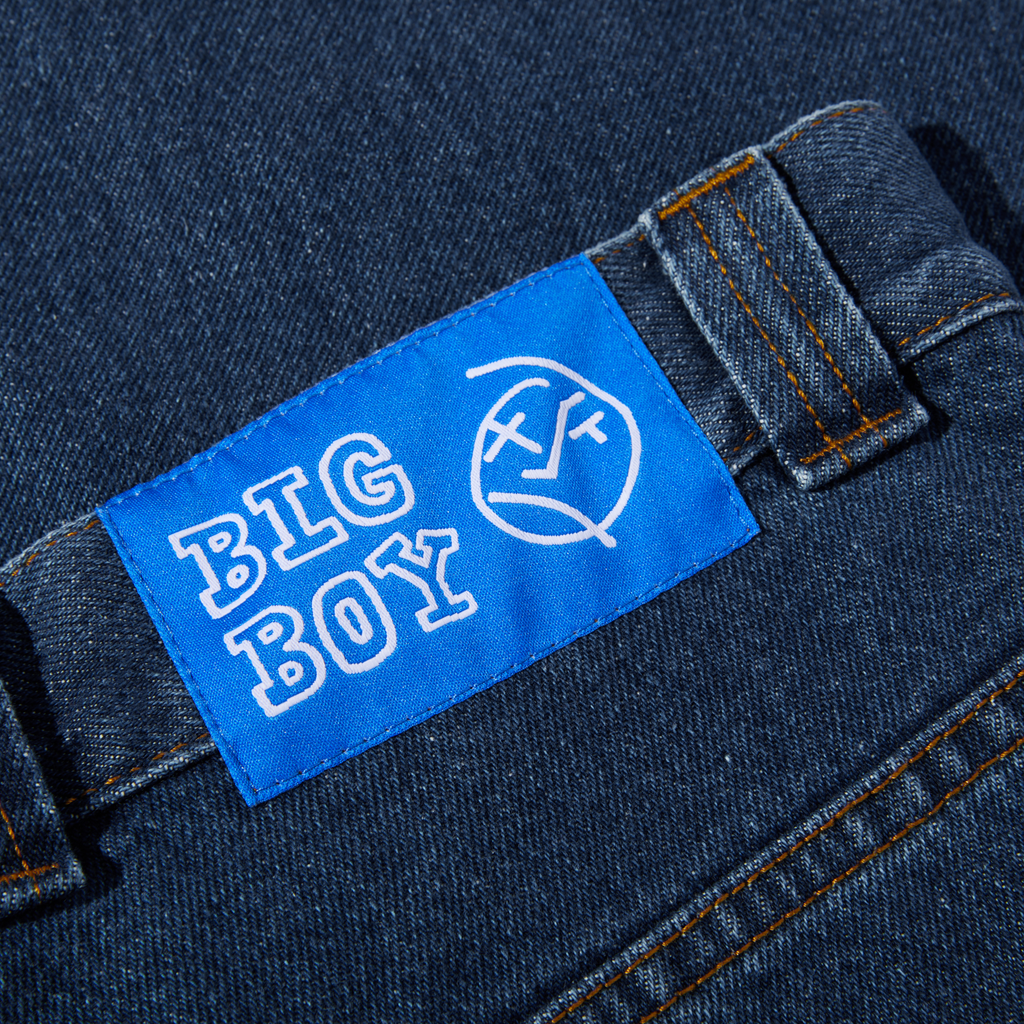 A Polar label on the back of a pair of Polar Big Boy Dark Blue jeans.
