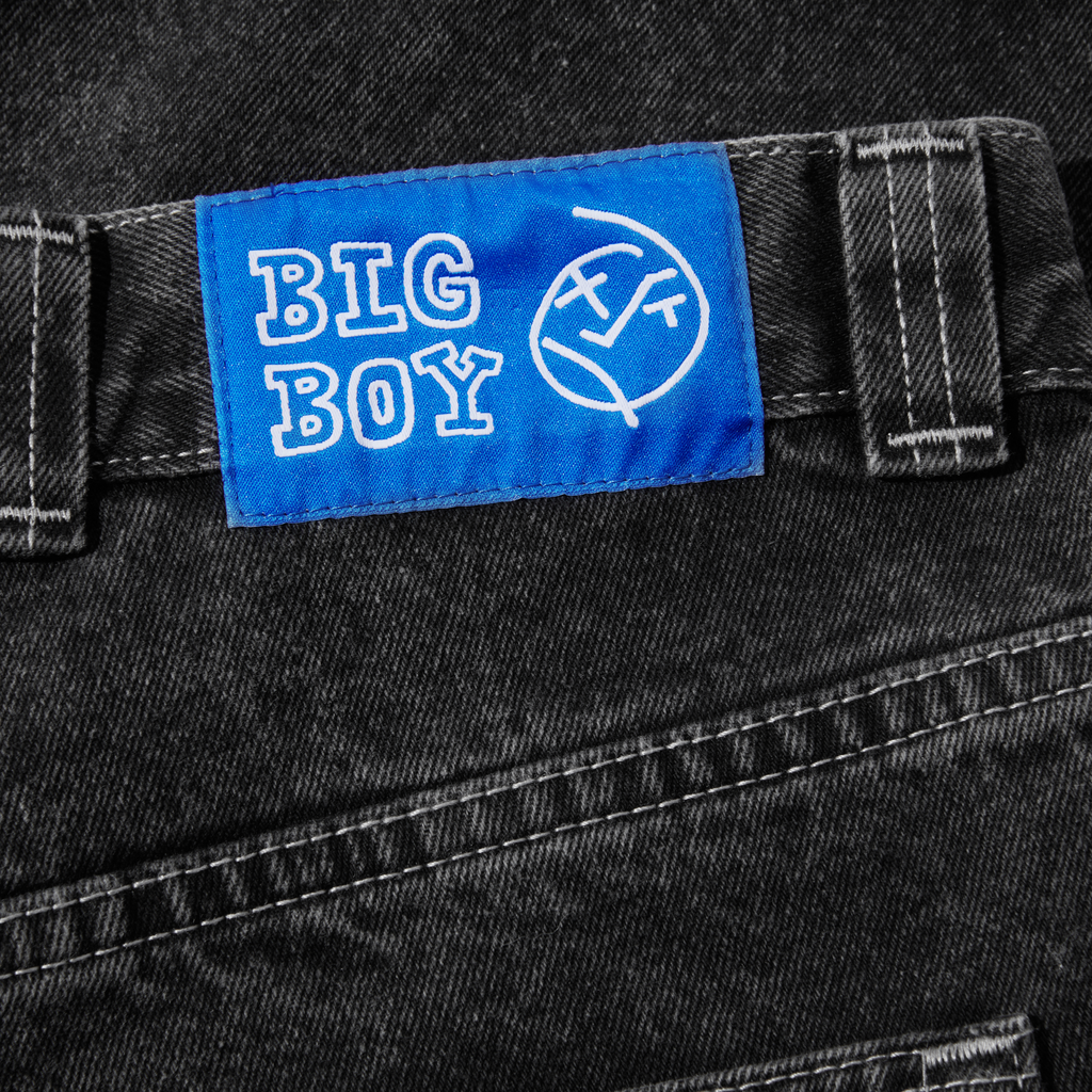 a patch on the back of a pair of POLAR BIG BOY SHORTS DEMIN SILVER BLACK jeans by POLAR.