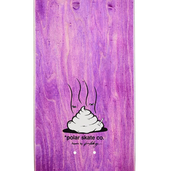 The POLAR BOSERIO USELESS WOODEN DOG P1 is a purple 8.75" skateboard deck by POLAR, featuring a P1 shape and a cartoon steaming poop with eyes, plus "polar skate co." text, designed in collaboration with BOSERIO.