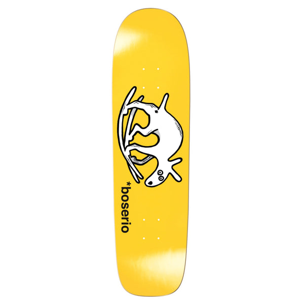 The POLAR BOSERIO USELESS WOODEN DOG P1 skateboard deck features a yellow P1 shape, a white cartoon dog skateboarding, and "boserio" printed vertically on the left, showcasing POLAR’s signature design.