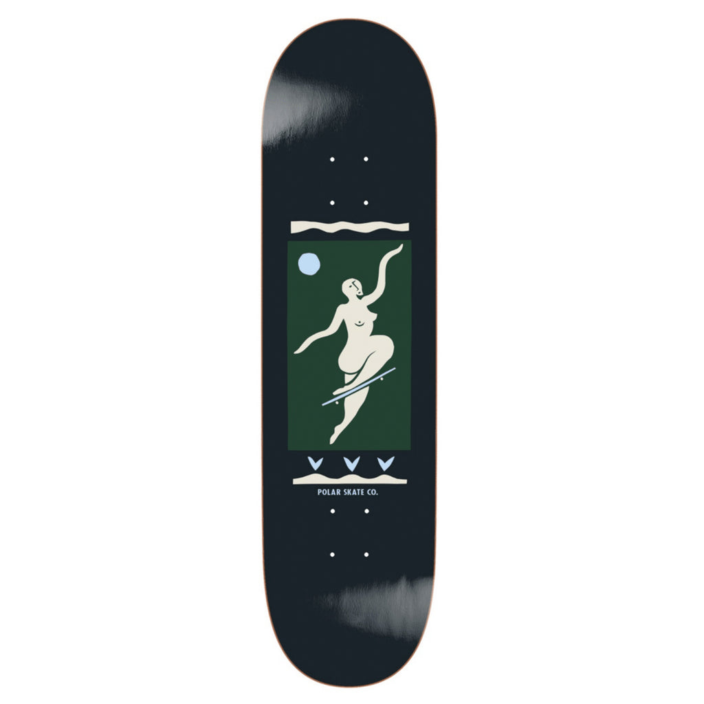 The POLAR NO COMPLIES FOREVER BLACK skateboard deck features an abstract nude figure in a green and blue rectangle, with "Polar Skate Co." below—a tribute to Pontus Alv’s creativity and the NO COMPLIES FOREVER spirit.