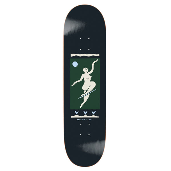 The POLAR NO COMPLIES FOREVER BLACK skateboard deck features an abstract nude figure in a green and blue rectangle, with "Polar Skate Co." below—a tribute to Pontus Alv’s creativity and the NO COMPLIES FOREVER spirit.