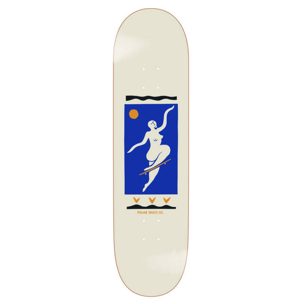 The POLAR NO COMPLIES FOREVER CREAM skateboard deck by POLAR features minimalist nude dancer art on a blue background with a sun and three birds—an original design capturing the spirit of Pontus Alv and the brand.