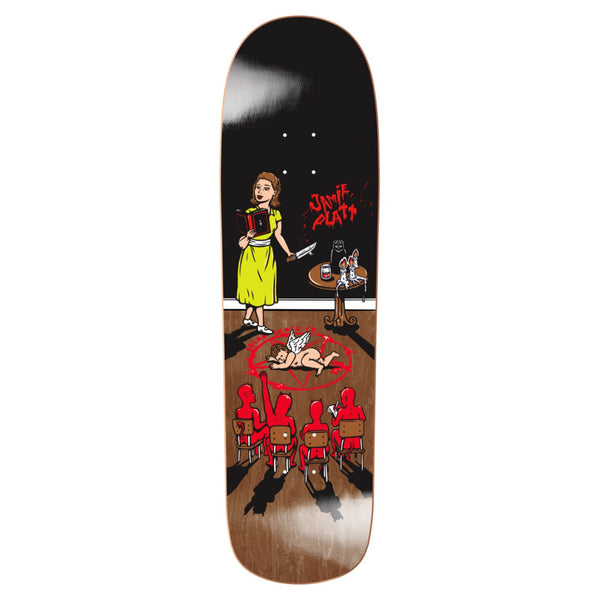 The POLAR PLATT SACRIFICE P8 skateboard deck by POLAR (8.8") features artwork of a woman with a book and knife, standing over someone, red-hooded figures, and a table with mysterious items.