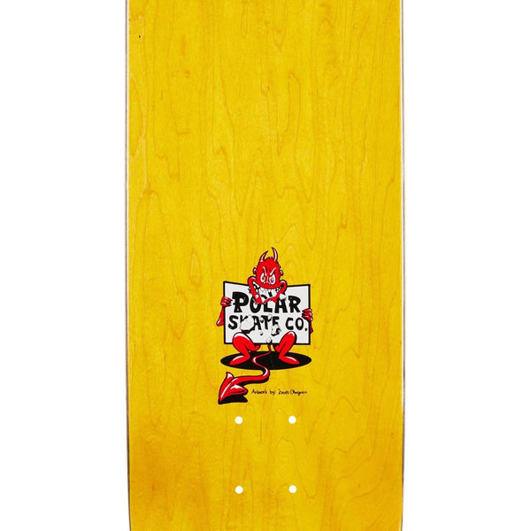 The POLAR PLATT SACRIFICE P8 by POLAR is a yellow 8.8" skateboard deck with a cartoon red devil and "Polar Skate Co." text, inspired by the Sacrifice collection.