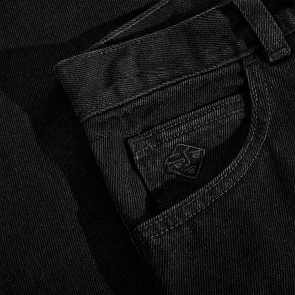 Close-up of a POLAR '89! Denim Pitch Black high-waist pocket featuring detailed stitching and the POLAR fabric brand label.