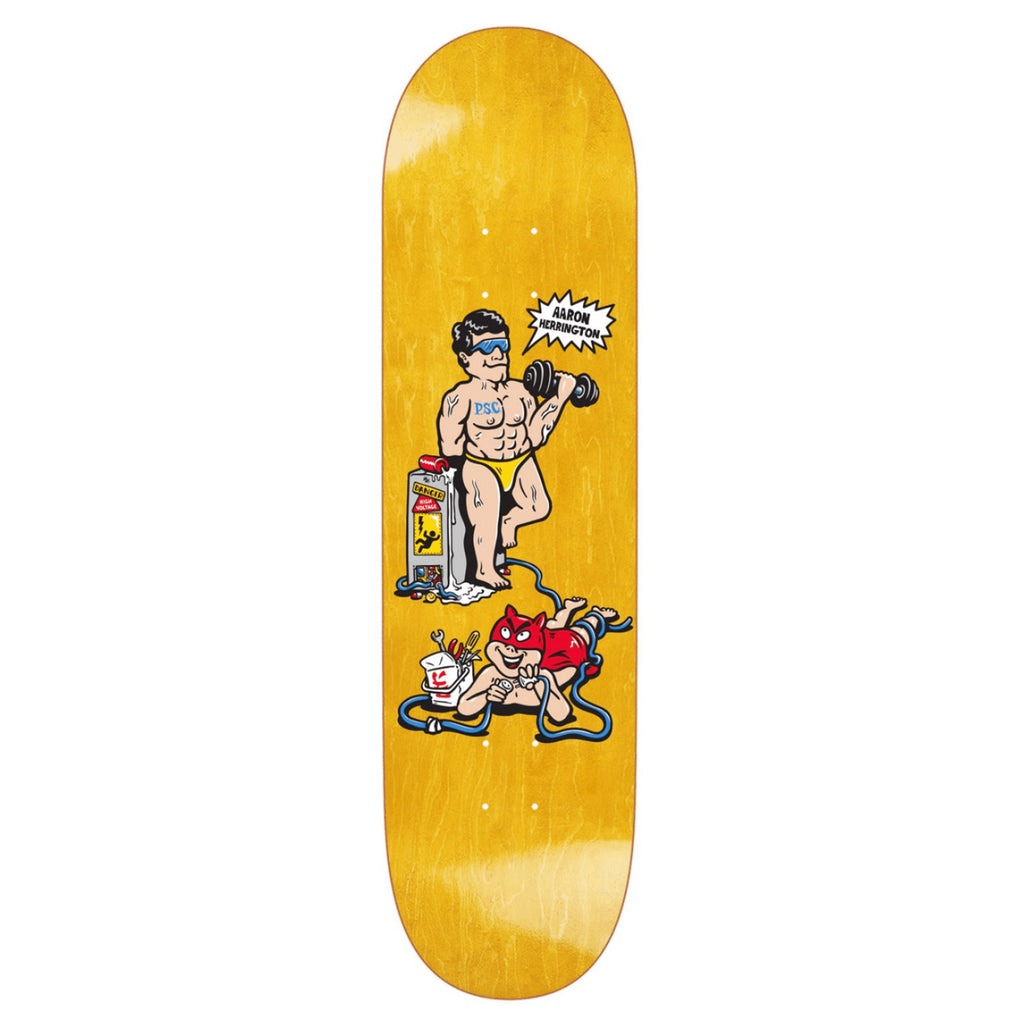 The POLAR HERRINGTON PUMPING IRON P2 JR. 8.25" skateboard deck by POLAR features a cartoon muscleman lifting a dumbbell and shouting, with a mischievous red devil eating fast food for a bold, standout look.