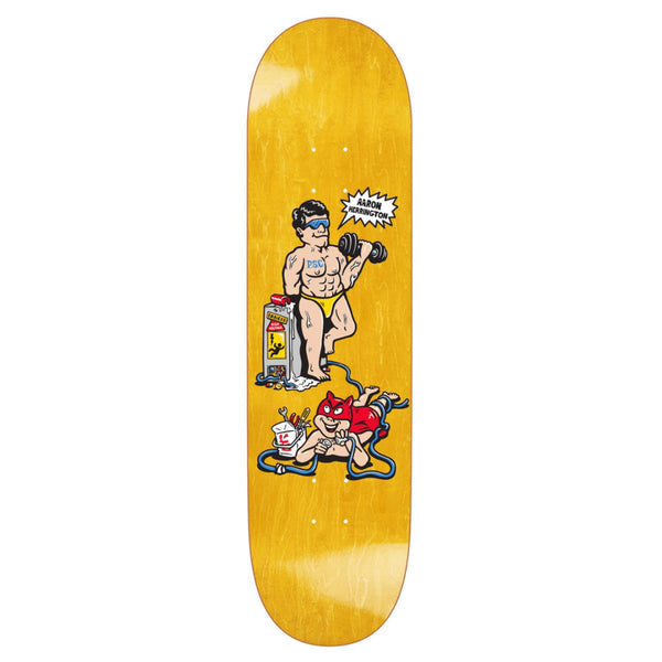 The POLAR HERRINGTON PUMPING IRON P2 JR. 8.25" skateboard deck by POLAR features a cartoon muscleman lifting a dumbbell and shouting, with a mischievous red devil eating fast food for a bold, standout look.