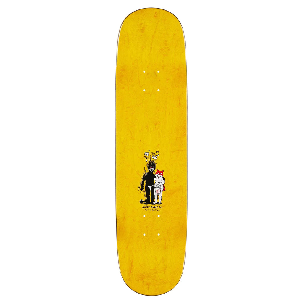 The POLAR HERRINGTON PUMPING IRON P2 JR. deck by POLAR features Jacob Ovgren's artwork of a masked person and a white cat on a yellow background, with "Polar Skate Co." beneath the graphic—a unique skateboard deck choice.