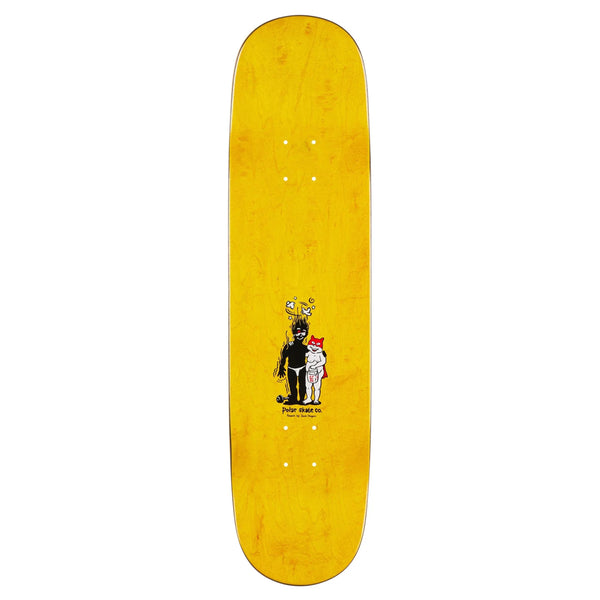 The POLAR HERRINGTON PUMPING IRON P2 JR. deck by POLAR features Jacob Ovgren's artwork of a masked person and a white cat on a yellow background, with "Polar Skate Co." beneath the graphic—a unique skateboard deck choice.