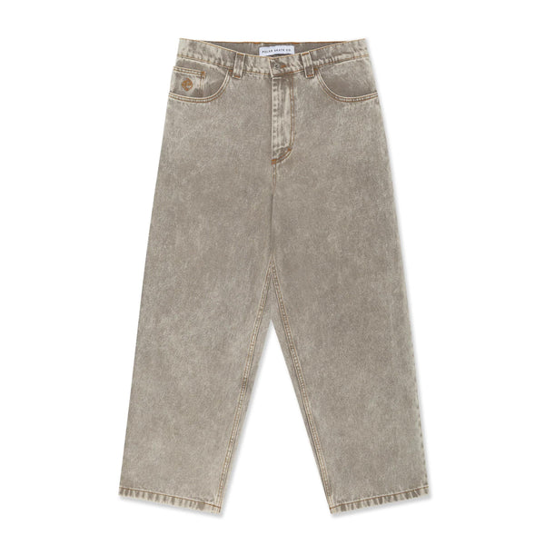 The POLAR BIG BOY JEANS ACID BEIGE are wide-leg denim jeans with a baggy fit and high waist, highlighted by visible stitching and equipped with side and back pockets, showcased on a plain background.