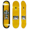 Displayed are three skateboard decks with yellow backgrounds. The left deck showcases vibrant graphics along with the words "George," "Emertt," and "Polar." The other two decks feature black and white artwork created by Andrew Durgin Barnes. Ideal for enthusiasts seeking a distinctive skateboard deck design from Burnside 2084, this lineup includes the POLAR EMILE LAURENT TURTLE TOWN by POLAR.