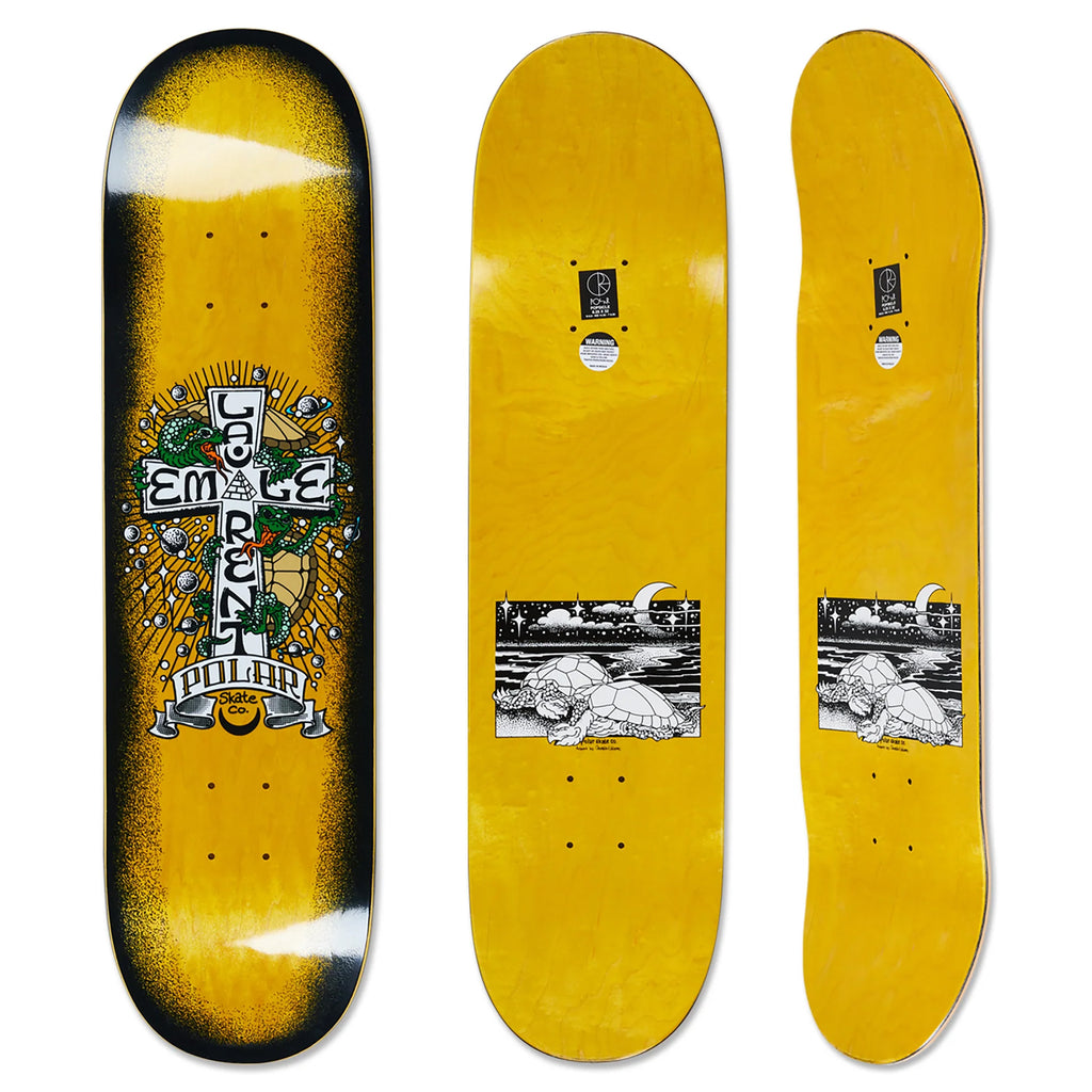 Displayed are three skateboard decks with yellow backgrounds. The left deck showcases vibrant graphics along with the words "George," "Emertt," and "Polar." The other two decks feature black and white artwork created by Andrew Durgin Barnes. Ideal for enthusiasts seeking a distinctive skateboard deck design from Burnside 2084, this lineup includes the POLAR EMILE LAURENT TURTLE TOWN by POLAR.