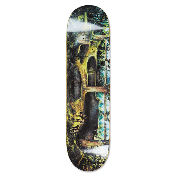 A skateboard deck titled "The Spiral of Life" by Tynan Kerr, inspired by Shin Sanbongi's polar adventures, features a forest scene with trees, paths, and shadows and is part of the POLAR collection with the product name EMILE LAURENT BURNSIDE 2084.