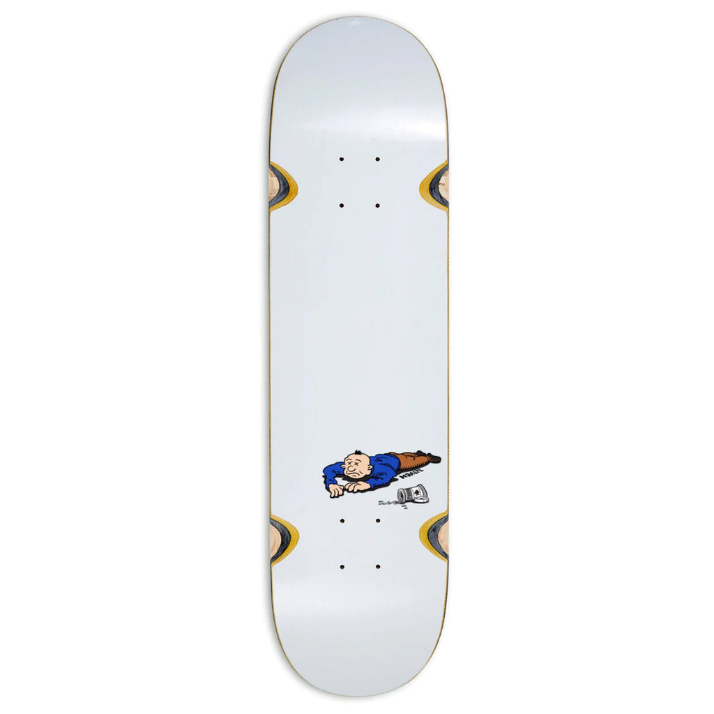 A POLAR skateboard with a drawing of a man laying on it.