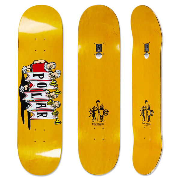 Three yellow skateboards featuring the "POLAR TRUMPETS" design, showcasing a cartoon graphic on one side. The reverse sides display a small logo with abstract characters, embodying the Aaron Herrington Signature style.