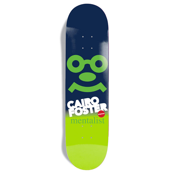 The POPWAR CAIRO FOSTER MENTALIST deck by POPWAR features a blue and green split with a minimalist face design and "Cairo Foster mentalist" text, honoring Cairo Foster’s legacy in Popwar skateboard history.