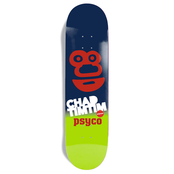 The POPWAR CHAD TIMTIM PSYCO skateboard deck by POPWAR features a stylized red face graphic with "CHAD TIM TIM" and "psyco" text on a blue and green background.