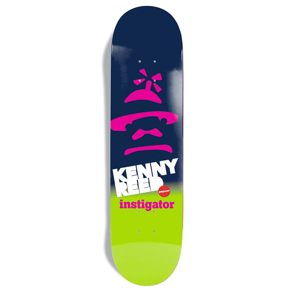 The POPWAR KENNY REED INSTIGATOR skateboard deck by POPWAR features a blue-yellow gradient, a pink abstract face, and "KENNY REED instigator" text—a bold design reminiscent of classic Cairo Foster decks.