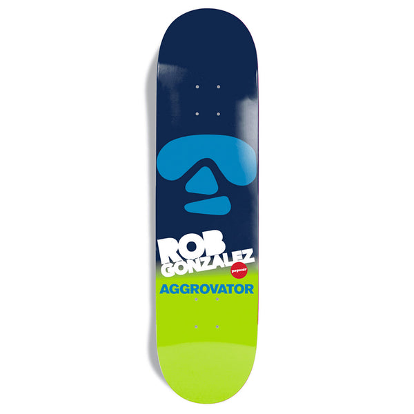 The POPWAR ROB GONZALEZ AGGROVATOR skateboard deck by POPWAR features a blue-green gradient with face graphics and text, celebrating creativity as part of Sidewalk’s Heritage program.