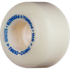 A white POWELL PERALTA DF A.A. NANO CUBICS 52X36MM 97A skateboard wheel with blue letters on it.